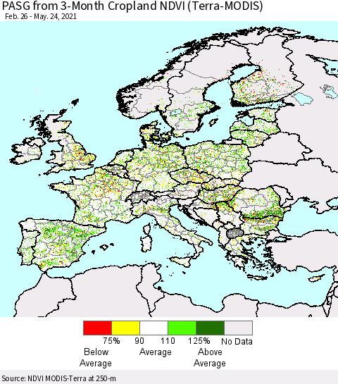 Europe PASG from 3-Month Cropland NDVI (Terra-MODIS) Thematic Map For 5/17/2021 - 5/24/2021