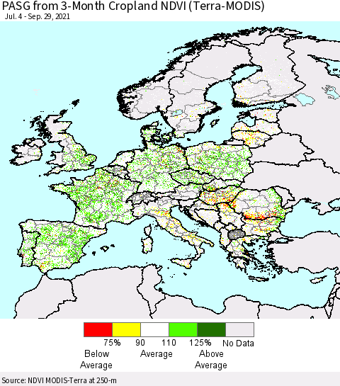 Europe PASG from 3-Month Cropland NDVI (Terra-MODIS) Thematic Map For 9/22/2021 - 9/29/2021