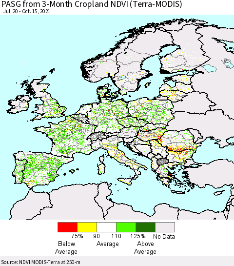 Europe PASG from 3-Month Cropland NDVI (Terra-MODIS) Thematic Map For 10/8/2021 - 10/15/2021