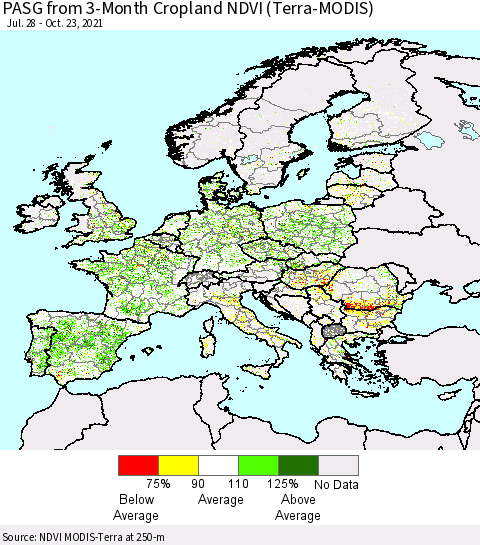 Europe PASG from 3-Month Cropland NDVI (Terra-MODIS) Thematic Map For 10/16/2021 - 10/23/2021