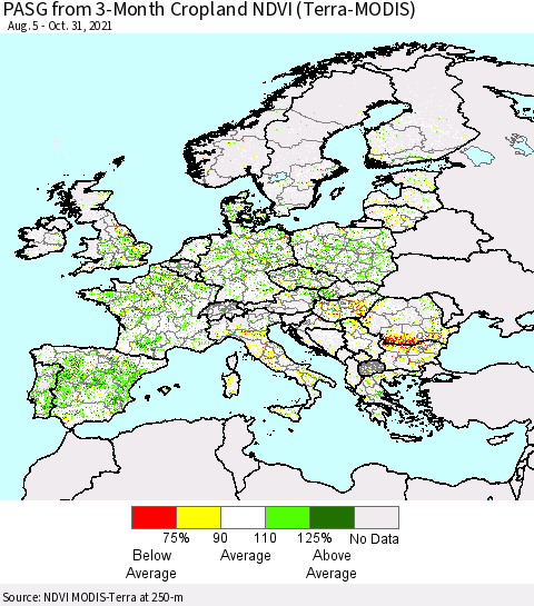 Europe PASG from 3-Month Cropland NDVI (Terra-MODIS) Thematic Map For 10/21/2021 - 10/31/2021