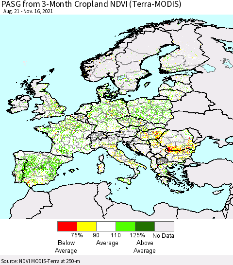 Europe PASG from 3-Month Cropland NDVI (Terra-MODIS) Thematic Map For 11/9/2021 - 11/16/2021