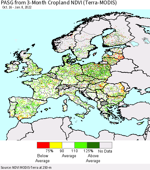 Europe PASG from 3-Month Cropland NDVI (Terra-MODIS) Thematic Map For 1/1/2022 - 1/8/2022
