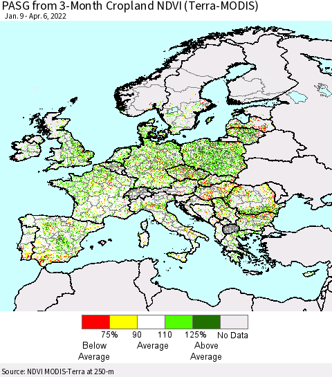 Europe PASG from 3-Month Cropland NDVI (Terra-MODIS) Thematic Map For 3/30/2022 - 4/6/2022