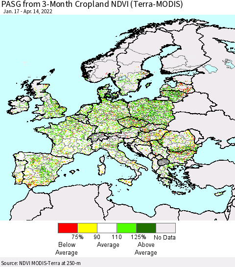 Europe PASG from 3-Month Cropland NDVI (Terra-MODIS) Thematic Map For 4/7/2022 - 4/14/2022