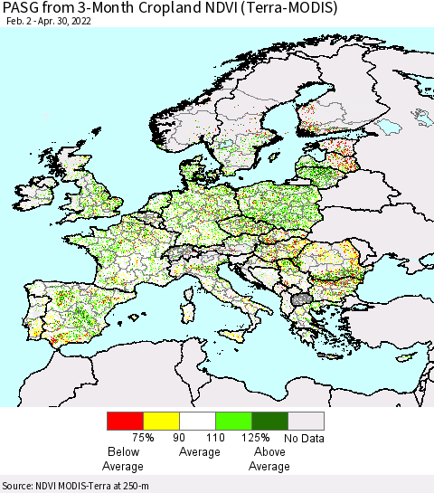 Europe PASG from 3-Month Cropland NDVI (Terra-MODIS) Thematic Map For 4/23/2022 - 4/30/2022