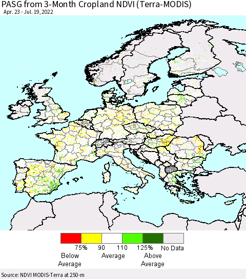 Europe PASG from 3-Month Cropland NDVI (Terra-MODIS) Thematic Map For 7/12/2022 - 7/19/2022