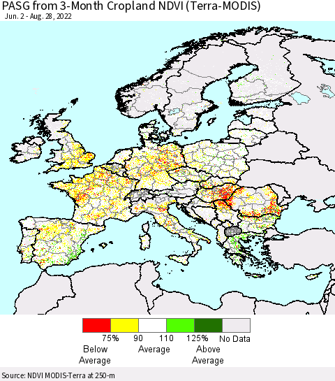 Europe PASG from 3-Month Cropland NDVI (Terra-MODIS) Thematic Map For 8/21/2022 - 8/28/2022