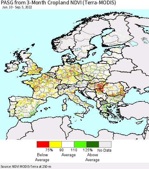 Europe PASG from 3-Month Cropland NDVI (Terra-MODIS) Thematic Map For 8/29/2022 - 9/5/2022