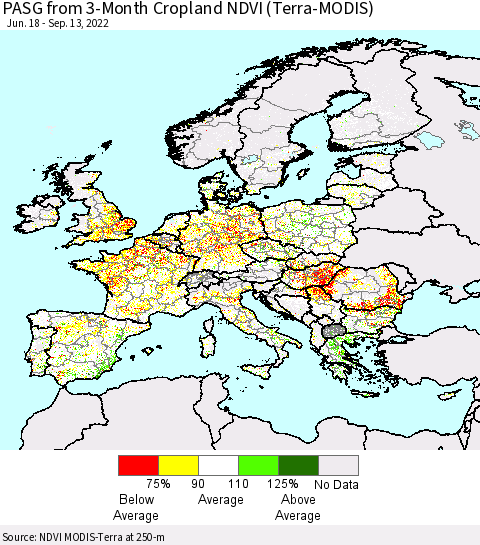 Europe PASG from 3-Month Cropland NDVI (Terra-MODIS) Thematic Map For 9/6/2022 - 9/13/2022