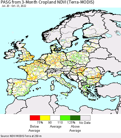 Europe PASG from 3-Month Cropland NDVI (Terra-MODIS) Thematic Map For 10/8/2022 - 10/15/2022