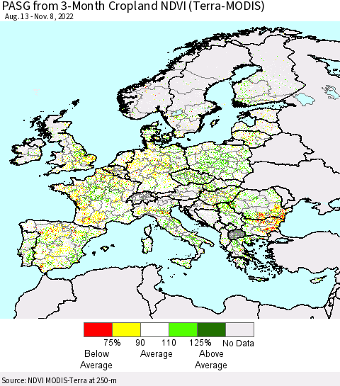 Europe PASG from 3-Month Cropland NDVI (Terra-MODIS) Thematic Map For 11/1/2022 - 11/8/2022