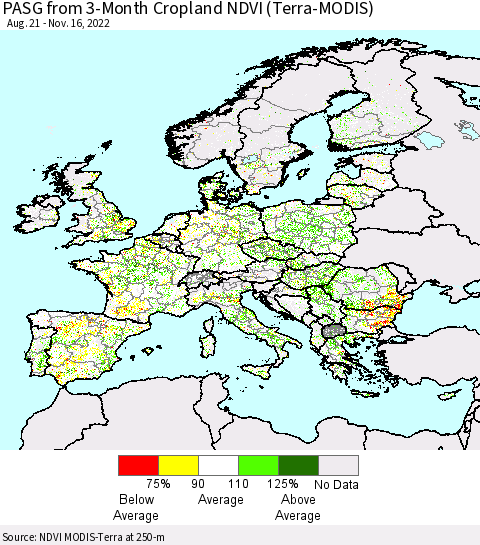 Europe PASG from 3-Month Cropland NDVI (Terra-MODIS) Thematic Map For 11/9/2022 - 11/16/2022