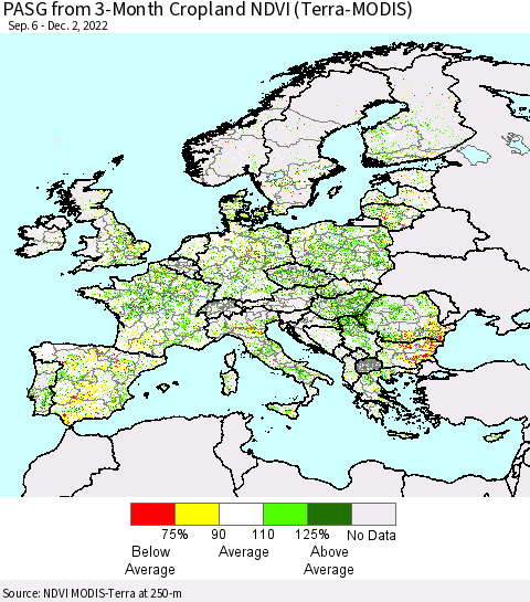 Europe PASG from 3-Month Cropland NDVI (Terra-MODIS) Thematic Map For 11/25/2022 - 12/2/2022