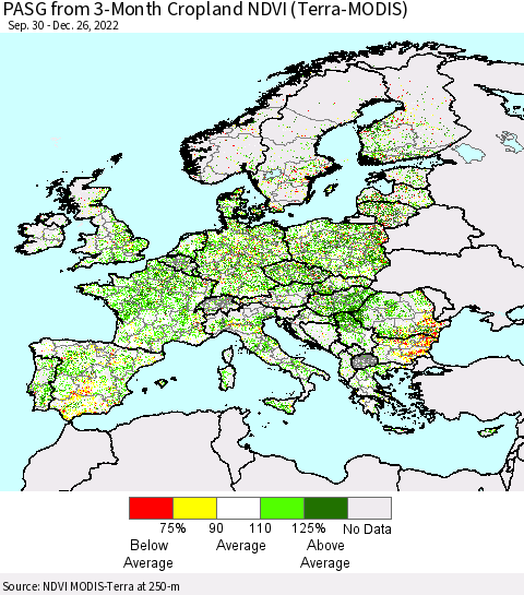 Europe PASG from 3-Month Cropland NDVI (Terra-MODIS) Thematic Map For 12/19/2022 - 12/26/2022