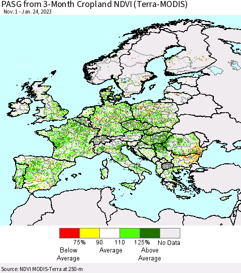 Europe PASG from 3-Month Cropland NDVI (Terra-MODIS) Thematic Map For 1/17/2023 - 1/24/2023