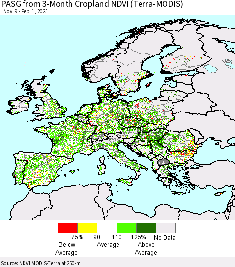 Europe PASG from 3-Month Cropland NDVI (Terra-MODIS) Thematic Map For 1/25/2023 - 2/1/2023