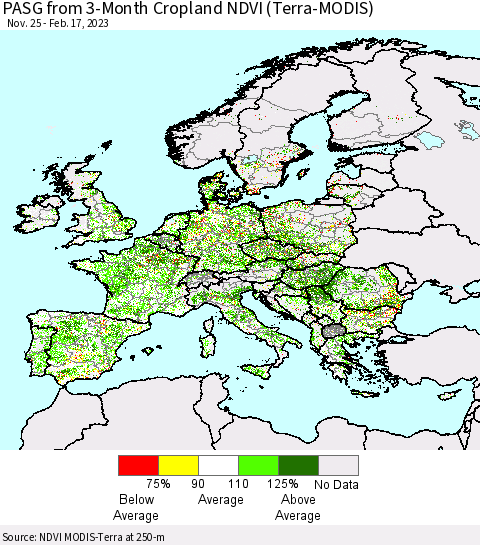 Europe PASG from 3-Month Cropland NDVI (Terra-MODIS) Thematic Map For 2/10/2023 - 2/17/2023