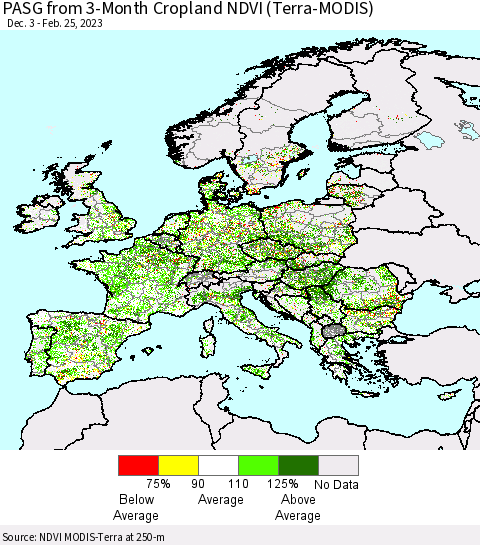 Europe PASG from 3-Month Cropland NDVI (Terra-MODIS) Thematic Map For 2/18/2023 - 2/25/2023