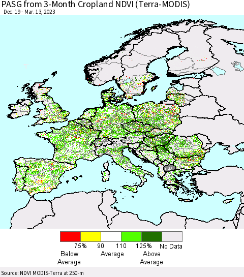 Europe PASG from 3-Month Cropland NDVI (Terra-MODIS) Thematic Map For 3/6/2023 - 3/13/2023