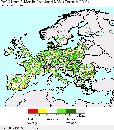 Europe PASG from 3-Month Cropland NDVI (Terra-MODIS) Thematic Map For 3/22/2023 - 3/29/2023