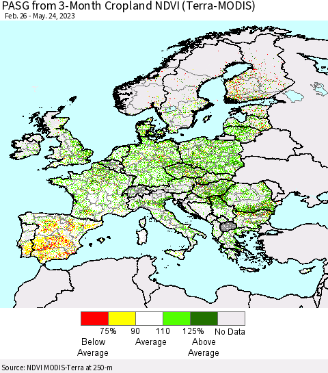 Europe PASG from 3-Month Cropland NDVI (Terra-MODIS) Thematic Map For 5/17/2023 - 5/24/2023