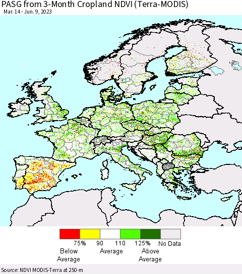 Europe PASG from 3-Month Cropland NDVI (Terra-MODIS) Thematic Map For 6/2/2023 - 6/9/2023