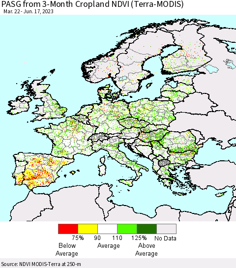 Europe PASG from 3-Month Cropland NDVI (Terra-MODIS) Thematic Map For 6/10/2023 - 6/17/2023