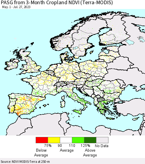 Europe PASG from 3-Month Cropland NDVI (Terra-MODIS) Thematic Map For 7/20/2023 - 7/27/2023
