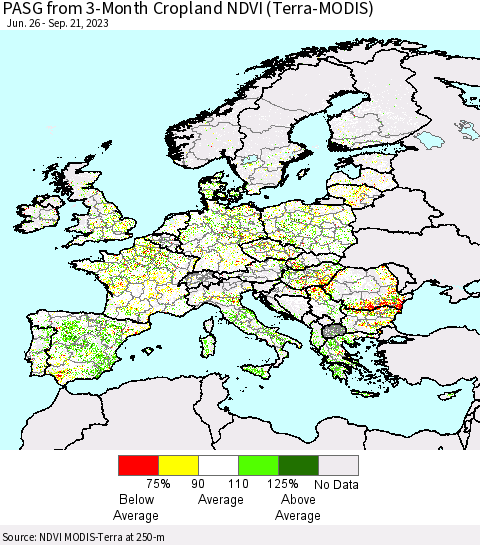 Europe PASG from 3-Month Cropland NDVI (Terra-MODIS) Thematic Map For 9/14/2023 - 9/21/2023