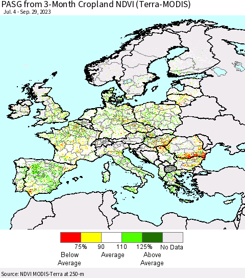 Europe PASG from 3-Month Cropland NDVI (Terra-MODIS) Thematic Map For 9/22/2023 - 9/29/2023