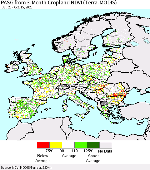 Europe PASG from 3-Month Cropland NDVI (Terra-MODIS) Thematic Map For 10/8/2023 - 10/15/2023