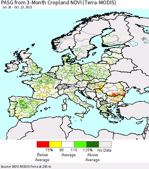Europe PASG from 3-Month Cropland NDVI (Terra-MODIS) Thematic Map For 10/16/2023 - 10/23/2023