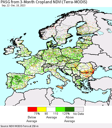 Europe PASG from 3-Month Cropland NDVI (Terra-MODIS) Thematic Map For 12/11/2023 - 12/18/2023