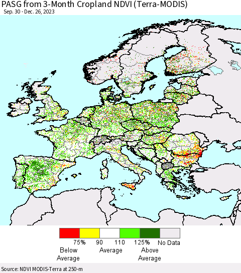 Europe PASG from 3-Month Cropland NDVI (Terra-MODIS) Thematic Map For 12/19/2023 - 12/26/2023