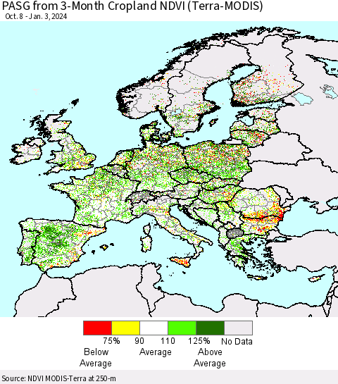 Europe PASG from 3-Month Cropland NDVI (Terra-MODIS) Thematic Map For 12/27/2023 - 1/3/2024