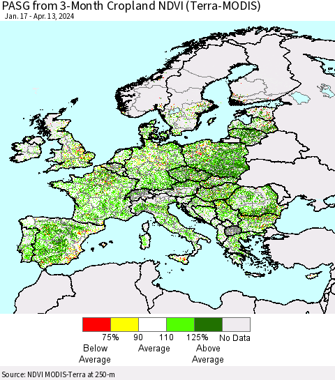 Europe PASG from 3-Month Cropland NDVI (Terra-MODIS) Thematic Map For 4/6/2024 - 4/13/2024
