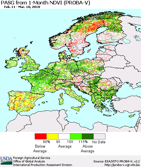 Europe PASG from 1-Month NDVI (PROBA-V) Thematic Map For 3/1/2018 - 3/10/2018