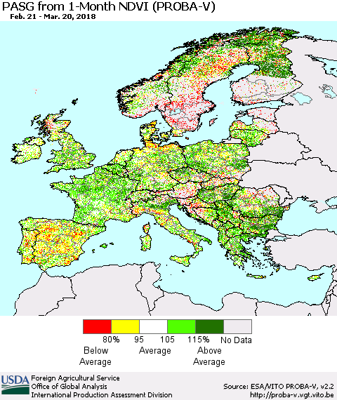Europe PASG from 1-Month NDVI (PROBA-V) Thematic Map For 3/11/2018 - 3/20/2018