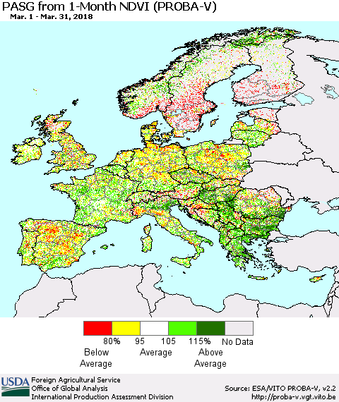 Europe PASG from 1-Month NDVI (PROBA-V) Thematic Map For 3/21/2018 - 3/31/2018