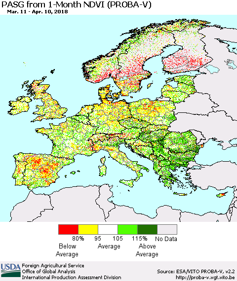 Europe PASG from 1-Month NDVI (PROBA-V) Thematic Map For 4/1/2018 - 4/10/2018