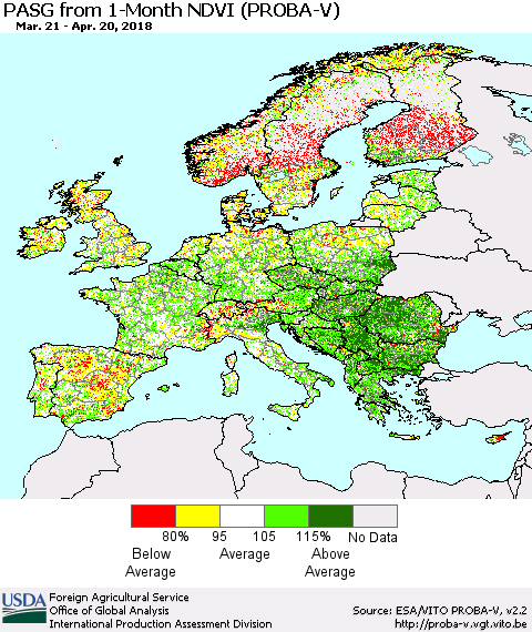 Europe PASG from 1-Month NDVI (PROBA-V) Thematic Map For 4/11/2018 - 4/20/2018