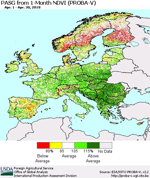 Europe PASG from 1-Month NDVI (PROBA-V) Thematic Map For 4/21/2018 - 4/30/2018