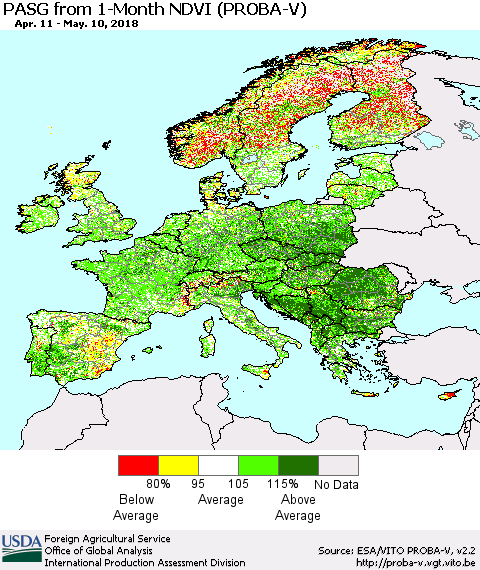 Europe PASG from 1-Month NDVI (PROBA-V) Thematic Map For 5/1/2018 - 5/10/2018
