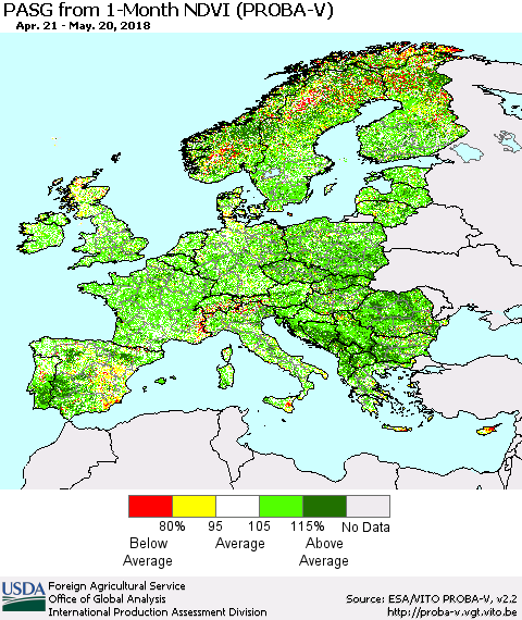 Europe PASG from 1-Month NDVI (PROBA-V) Thematic Map For 5/11/2018 - 5/20/2018