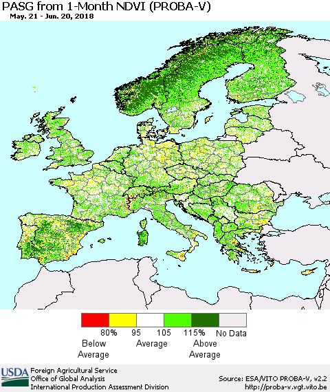Europe PASG from 1-Month NDVI (PROBA-V) Thematic Map For 6/11/2018 - 6/20/2018