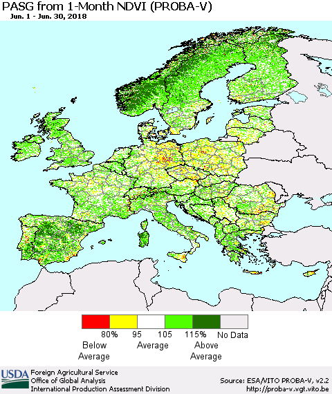 Europe PASG from 1-Month NDVI (PROBA-V) Thematic Map For 6/21/2018 - 6/30/2018
