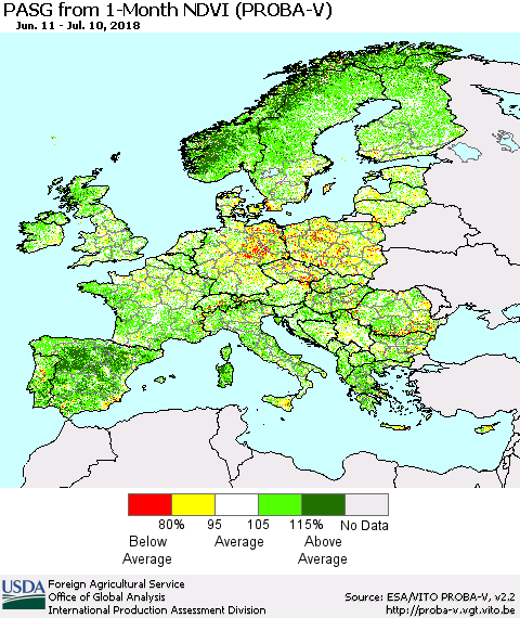 Europe PASG from 1-Month NDVI (PROBA-V) Thematic Map For 7/1/2018 - 7/10/2018