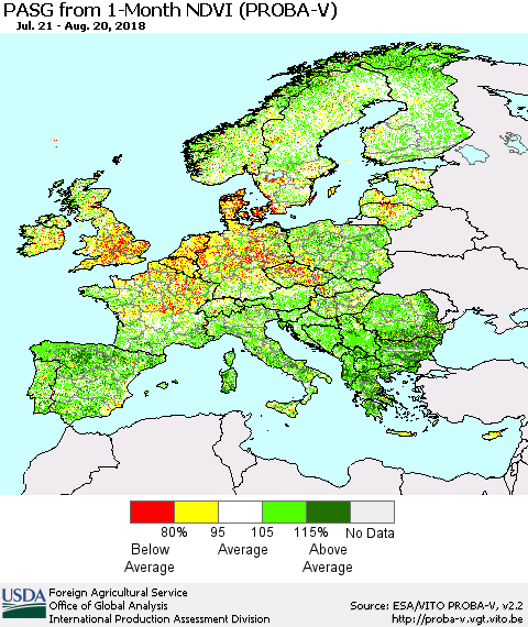 Europe PASG from 1-Month NDVI (PROBA-V) Thematic Map For 8/11/2018 - 8/20/2018