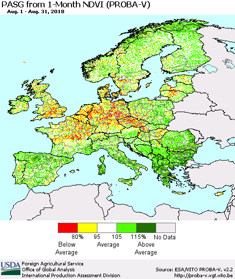 Europe PASG from 1-Month NDVI (PROBA-V) Thematic Map For 8/21/2018 - 8/31/2018